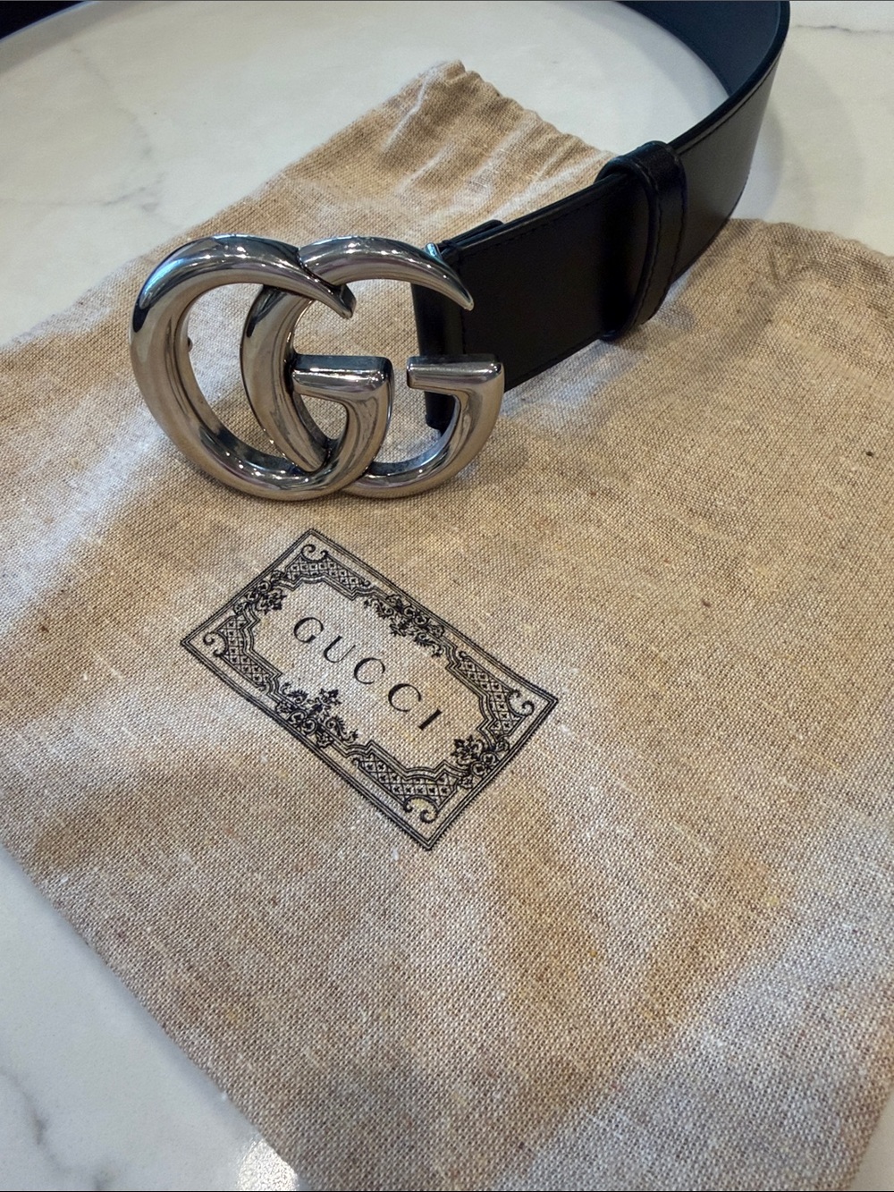 Gucci GG Marmont Belt 
Black Leather Belt with Silver Double G Buckle